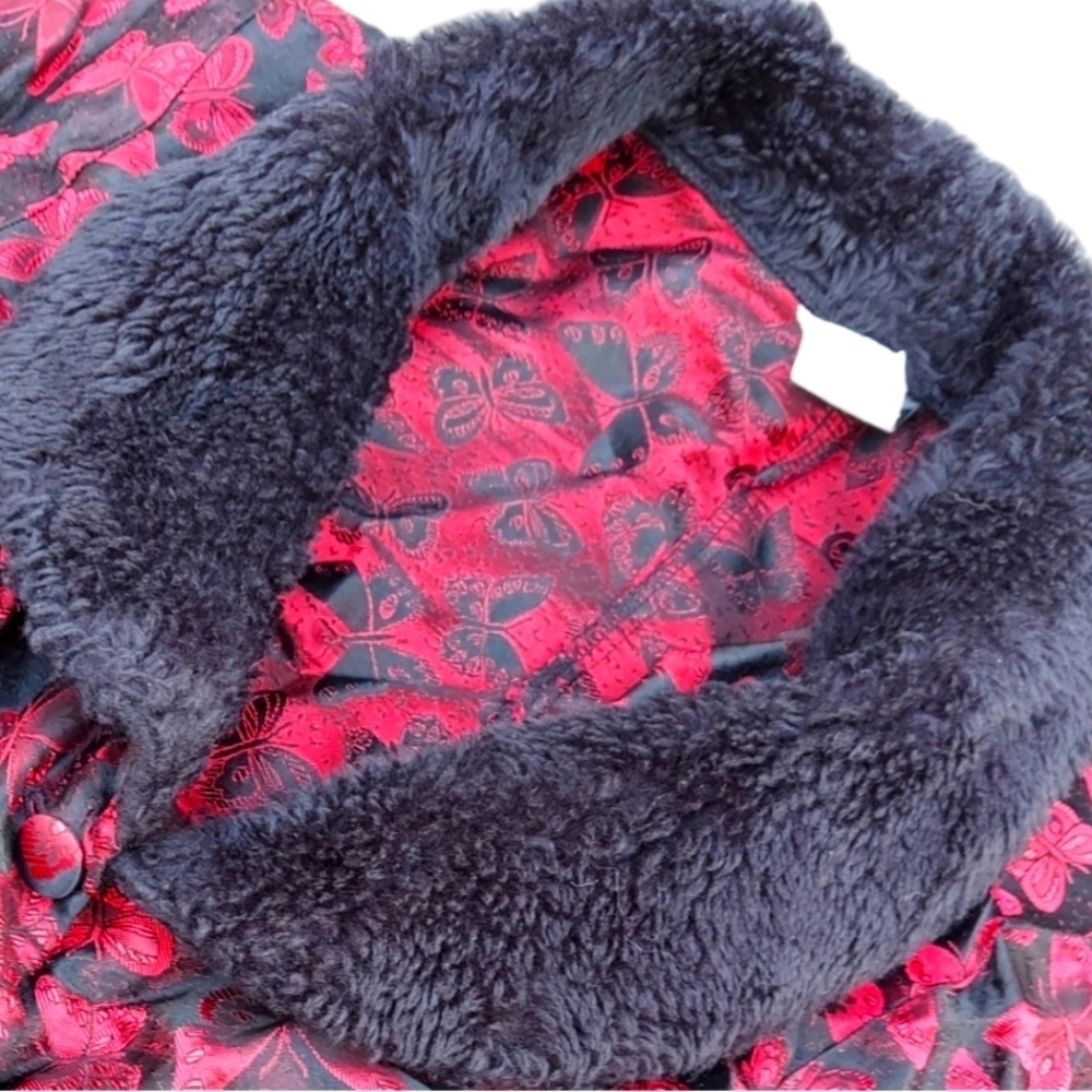 Frederick's of Hollywood Red Black Butterfly Faux Fur Blazer Jacket Vintage Y2K